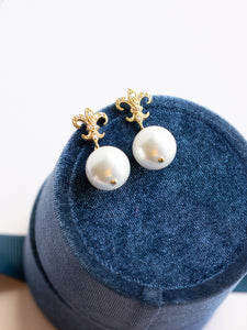 Gold Fleur De Lis Pearl Earrings